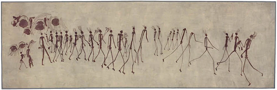 Prozession aus Simbabwe, 8000–2000 v. Chr., Aquarellkopie von Elisabeth Mannsfeld, 1929.
