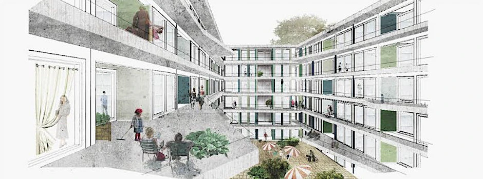 So könnte der Neubau auf dem Hof der Gerhart-Hauptmann-Schule aussehen, der ab Herbst entsteht. Geplant sind 121 überwiegend kleine Wohnungen.