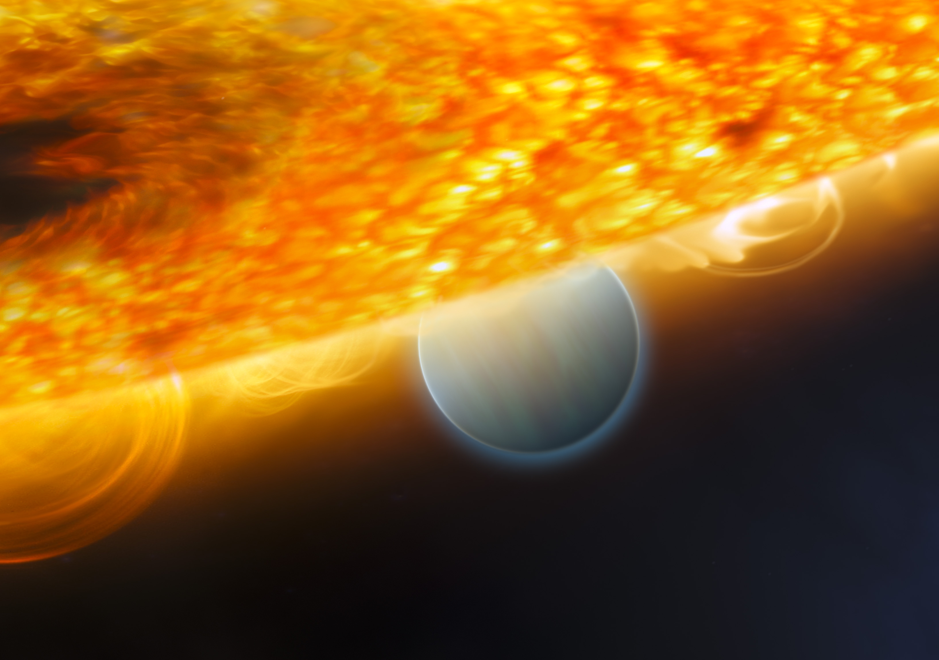 Heißer Jupiter: Wie eine Blase wirkt der  in Wirklichkeit tiefblaue Exoplanet HD 189733 b, der hier 63 Lichtjahre von der Erde entfernt hinter seinem Stern „aufgeht“. Für eine Umrundung braucht er nur zwei Tage. In seiner Atmosphäre konnten Wasserdampf und Kohlendioxid nachgewiesen werden. Für mögliche Lebensspuren ist er mit mehr als 1 000 Grad Oberflächentemperatur allerdings viel zu heiß.