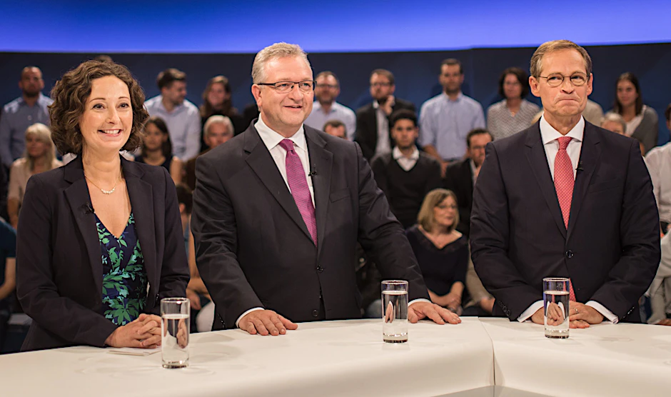 Die Spitzenkandidaten für die Berliner Abgeordnetenhauswahl Ramona Pop (l-r, Grüne), Frank Henkel (CDU) und Michael Müller (SPD).