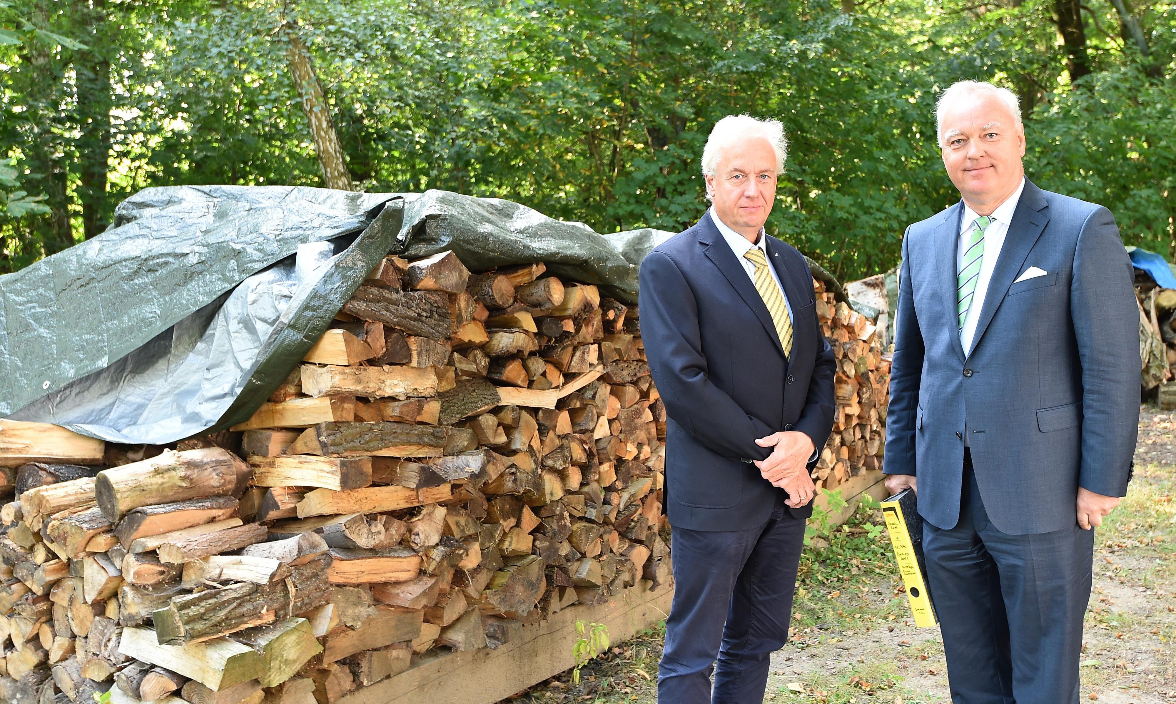 Hotelier Burkhard Scholz (r) und sein Anwalt Andreas Seeck vor dem umstrittenem Holzstapel.