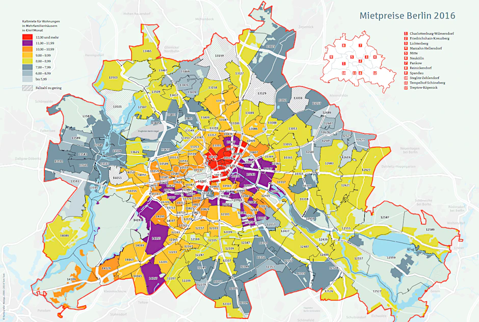 Mietpreise Berlin 2017: Kaltmiete für Wohnungen in Mehrfamilienhäusern.