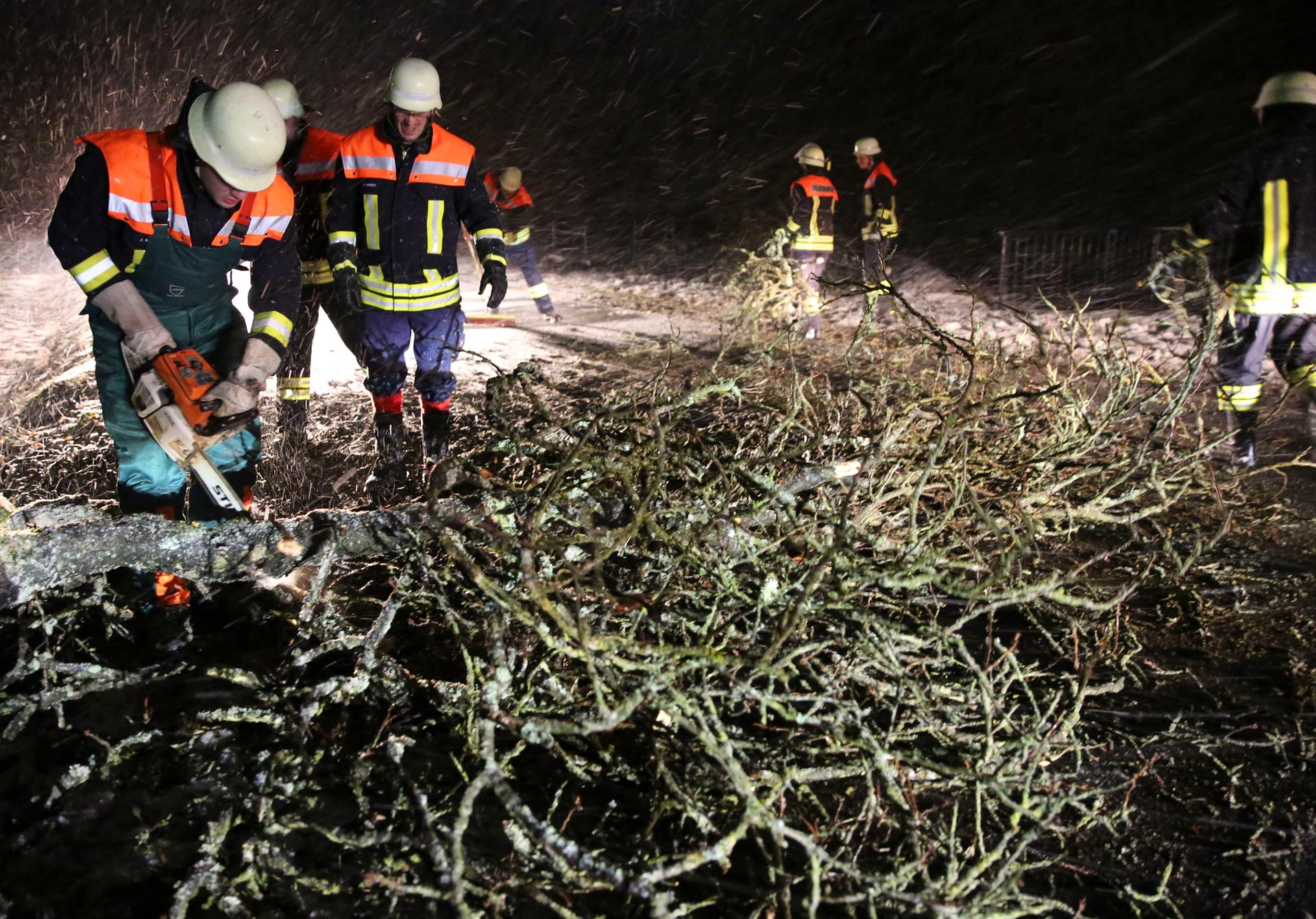 In Alsfeld (Hessen) wird ein umgestürtzter Baum von der Feuerwehr zersägt und von der Straße entfernt.