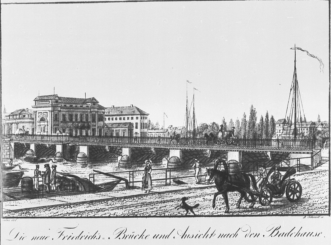 Das Welpersche Badehaus an der Friedrichsbrücke im Jahr 1835 stand auf der heutigen Museumsinsel. Diese Zeichnung stammt von A. Schmidt, nach einer Vorlage von Friedrich August Calau oder Leopold Ludwig Müller.