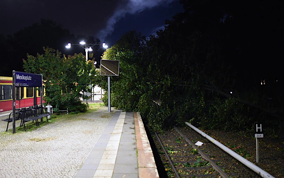 Ein Baum liegt auf den Gleisen der Berliner S-Bahn nahe dem Mexikoplatz.