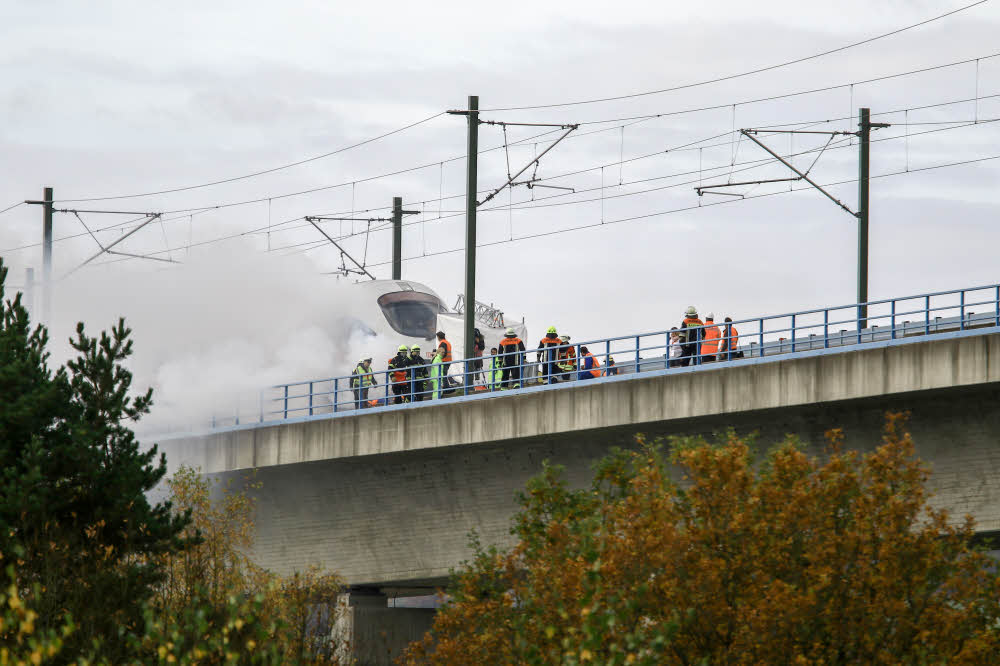 Übung auf der Brücke: Am Sonnabend probten Rettungsdienste bei Rödental (Franken) einen Großeinsatz an einem ICE – mit Kunstrauch.