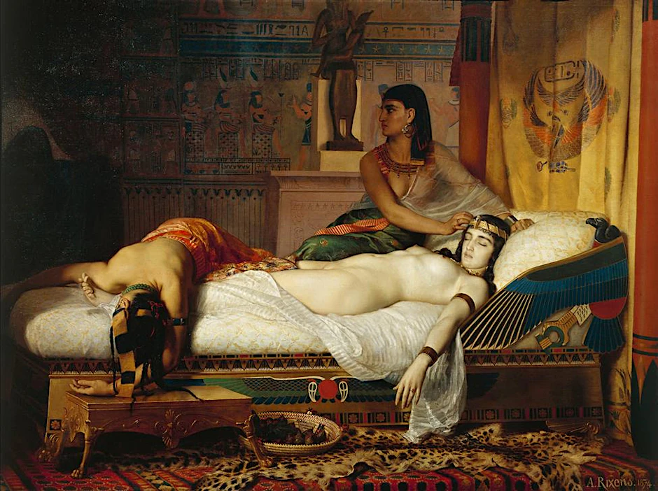 Kitsch und Erotik prägen spätere Darstellungen von Kleopatras Tod. Zu den bekanntesten gehört das Gemälde „The Death of Cleopatra“ (1874) von Jean-Andrè Rixens.
