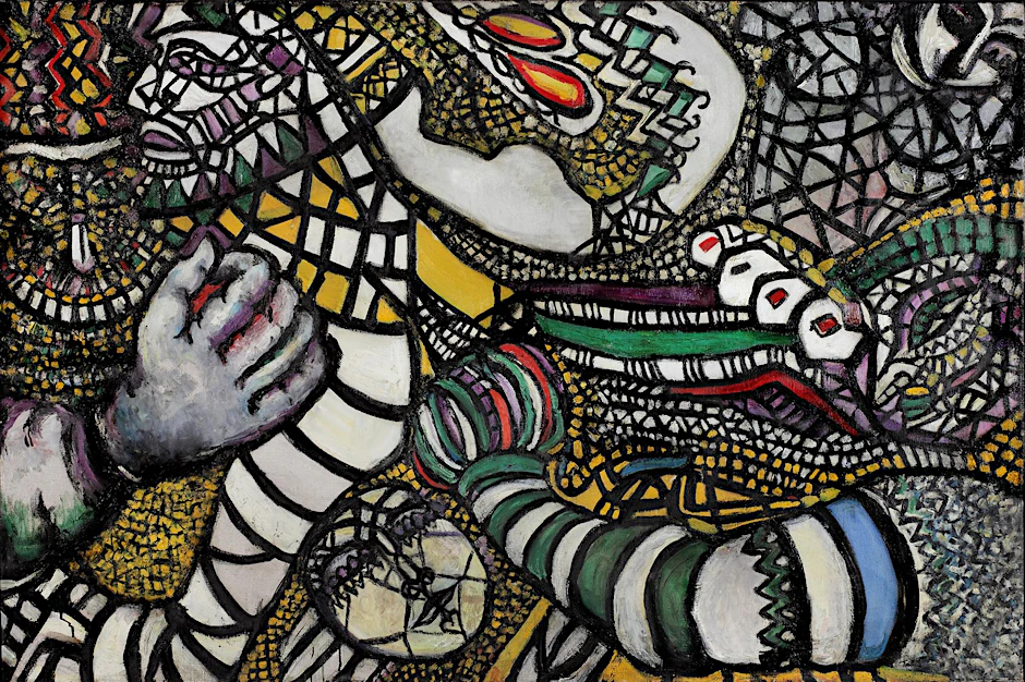 „Fight against Abstraction“ in Öl auf Papier, gemalt von Fahrelnissa Zeid 1947. In dem Bild deutet sich der radikale Wandel in die Abstraktion mit aller Macht an.