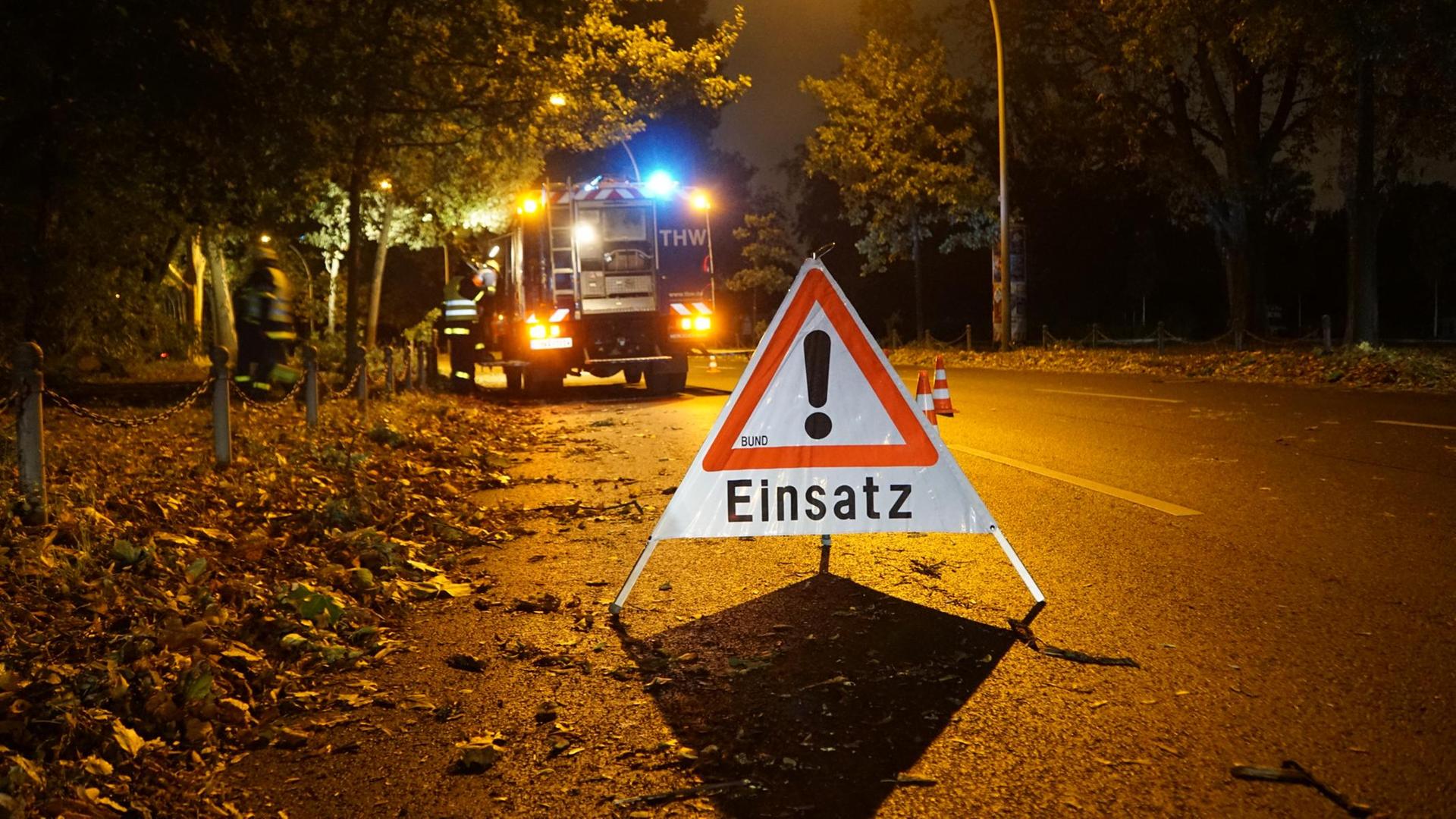 Das THW beseitigt auf der Puschkinallee in der Nacht Sturmschäden. 