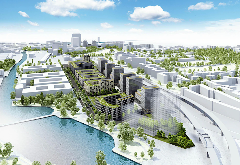 Viel Grün am Wasser, aber auch auf manchen Dächern – das sind die Pläne der Architekten für das Quartier an der Heidestraße nördlich des Hauptbahnhofs.