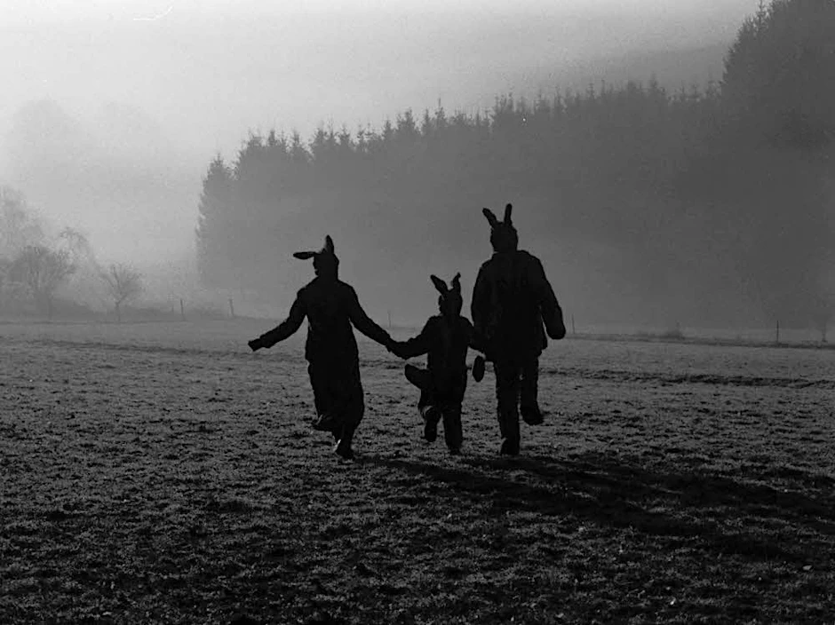 Nebelfeld mit Hasenfamilie − Szene aus Eva von Platen Hallermunds Film zu Ehe, Familie, Kindererziehung und Scheidung, 1998