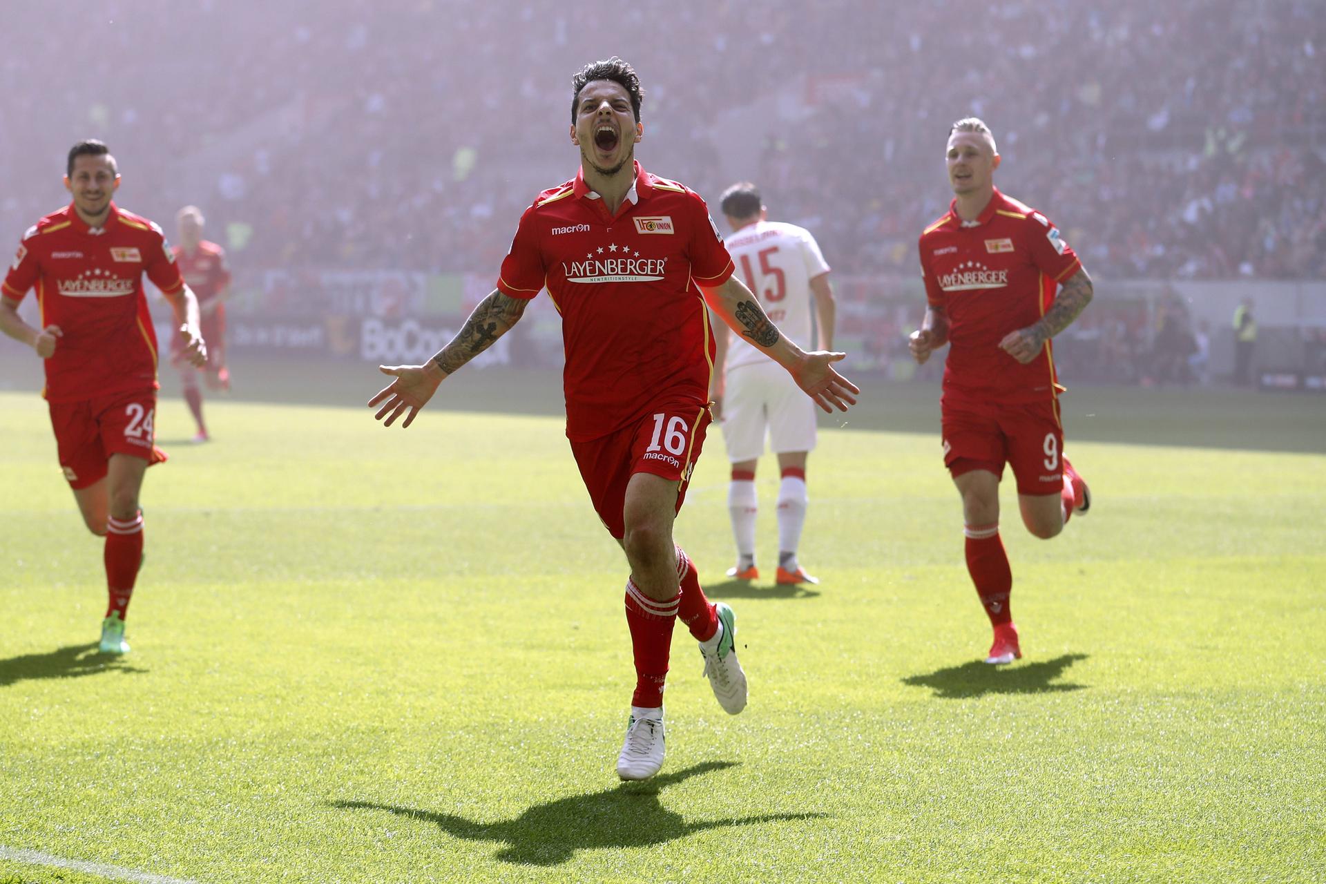 Union Berlin jubelt nach seinem Tor zum 1 : 0 gegen Fortuna Düsseldorf am 09.04.2017.