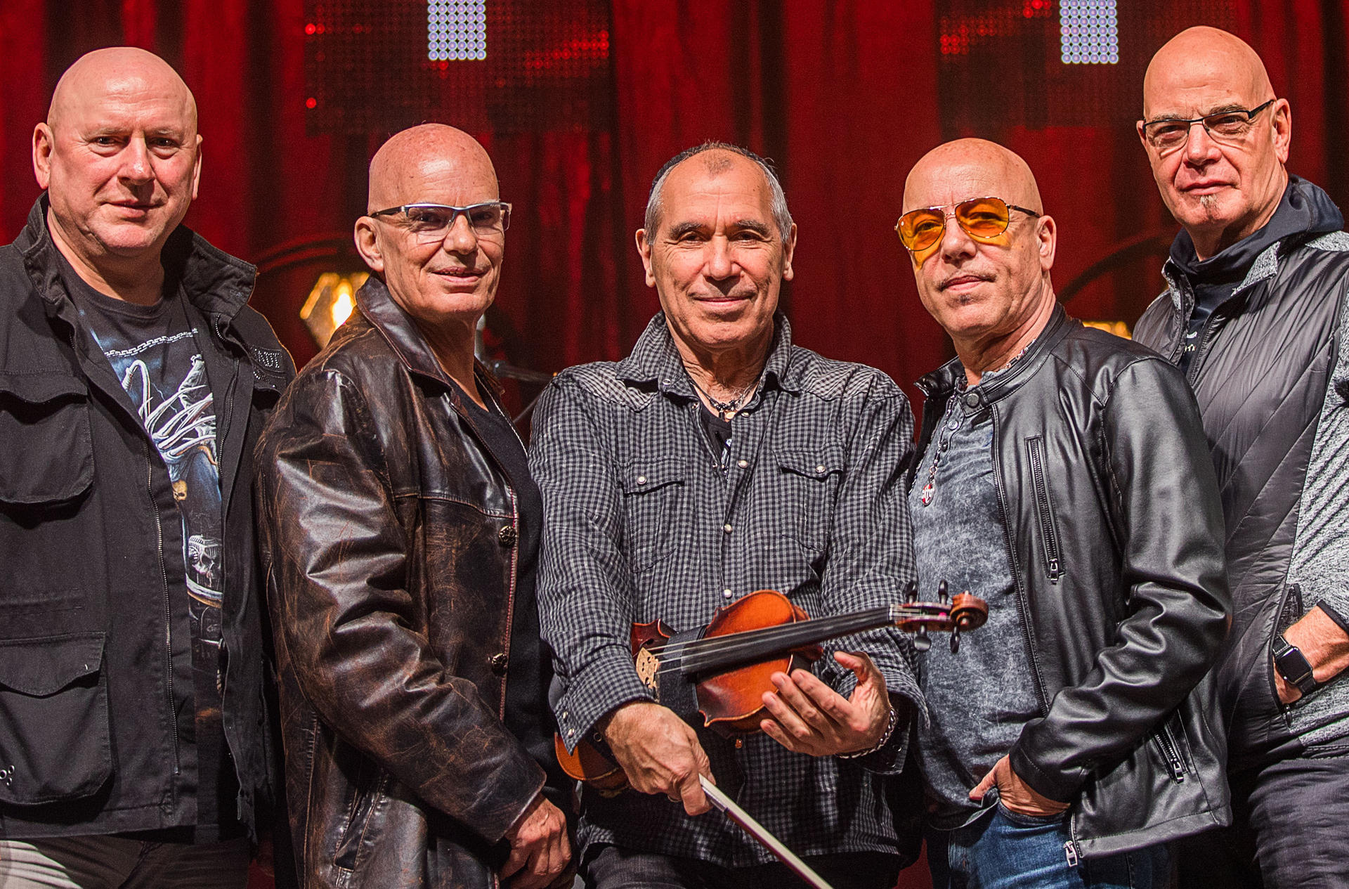 Die Musiker der Rockgruppe City, Manfred Hennig, Fritz Puppel, Georgi Gogow, Toni Krahl und Klaus Selmke (v.l.n.r.).
