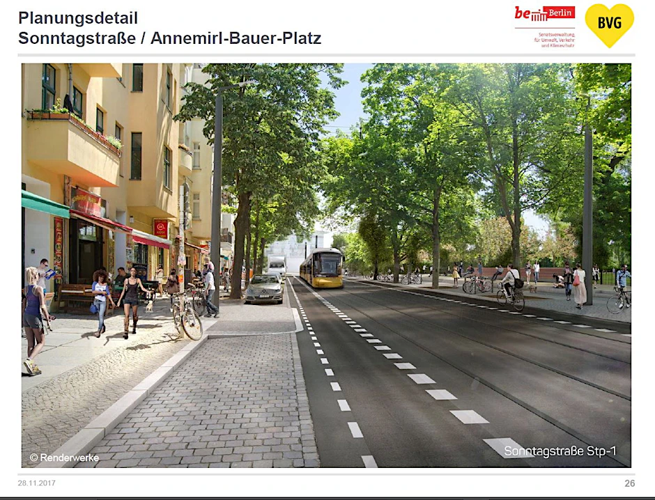 Die Sonntagstraße in Zukunft: Straßenbahnen sind mit Tempo 30 unterwegs. Das Kopfsteinpflaster wurde  asphaltiert, Radfahrstreifen sind entstanden, Parkplätze weggefallen.  