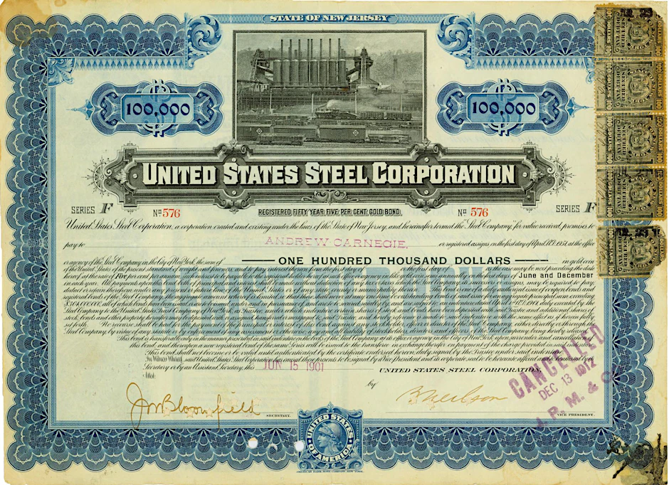 Eine Anleihe der United States Steel Corporation aus dem Jahr 1901 mit der Unterschrift des US-amerikanischen Großindustriellen Andrew Carnegie in einer undatierten Reproduktion.