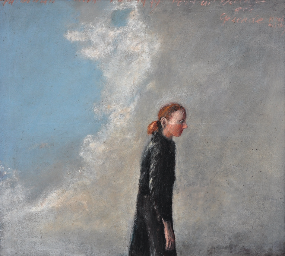 Einsames Menschenkind vor der unberechenbaren Natur: „Hella K. als Gehende“, 1974. Klaus Fußmann bildet schon immer  meist Freunde und Verwandte ab. 