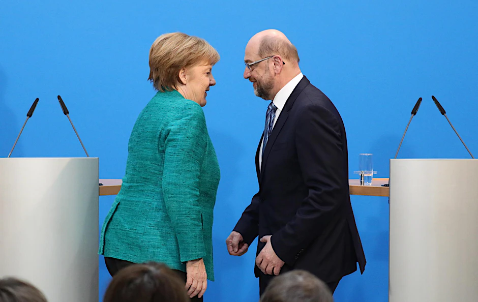 Bundeskanzlerin Angela Merkel (CDU) und der Noch-SPD-Vorsitzende Martin Schulz. 