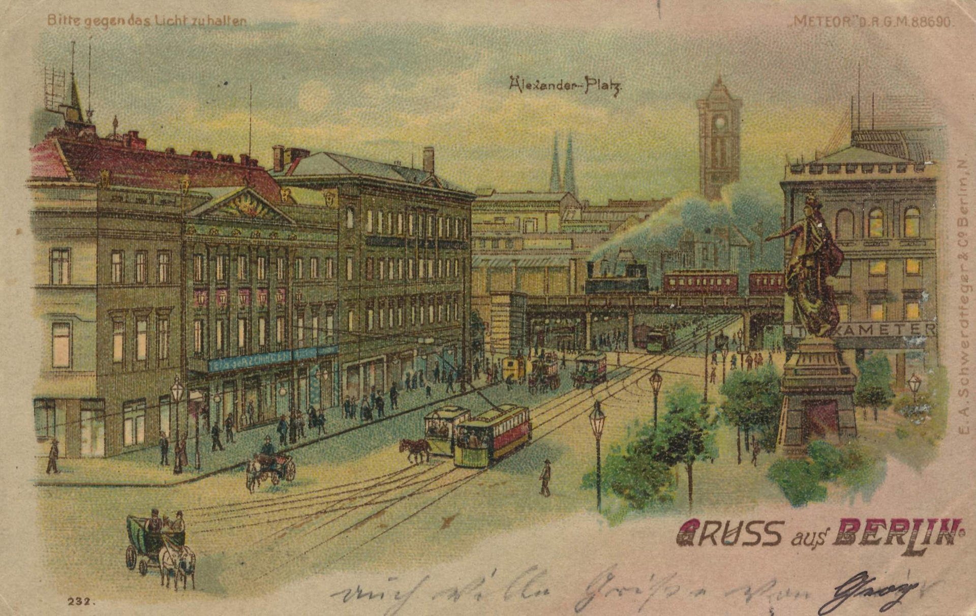 Postkarte mit dem Aschinger-Lokal am Alexanderplatz (links mit blauen Namensband) im Gebäude des ehemaligen Königsstädtischen Theaters (1824-1851). Die Bierquelle etablierte sich hier ab 1893/94. 1927 wurde das Gebäude abgerissen, um  das Alexanderhaus zu errichten.