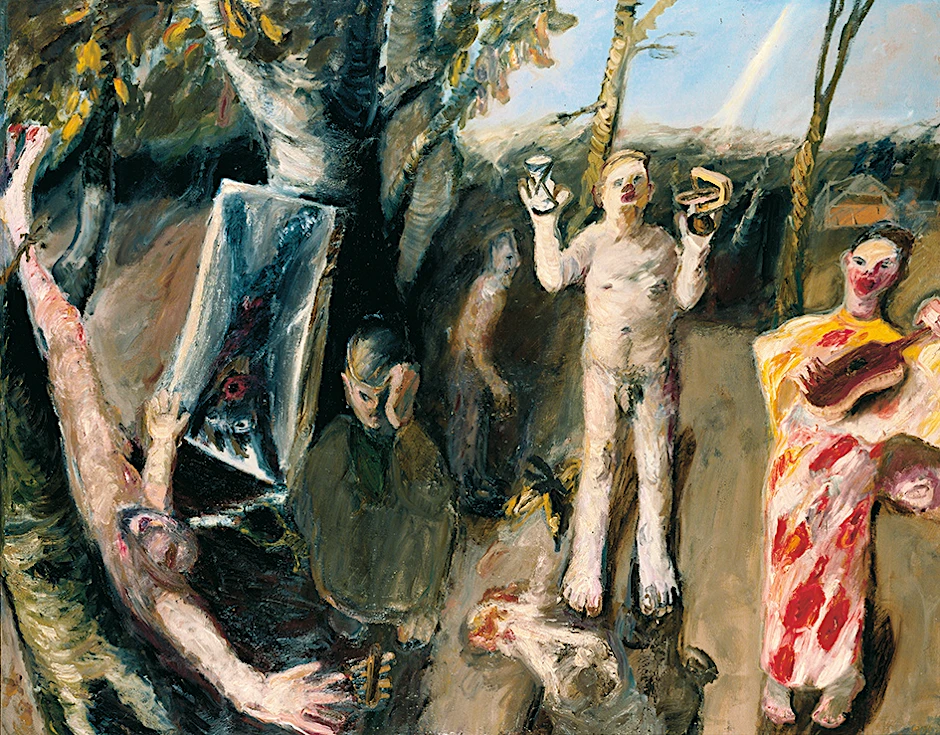Eine Szene aus dem Fußmann’schen Welttheater der späten Moderne: „Die Schindung des Marsyas“ mit abstürzendem Künstler und nacktem Wahrheitssucher, 1981, Öl  auf Leinwand.