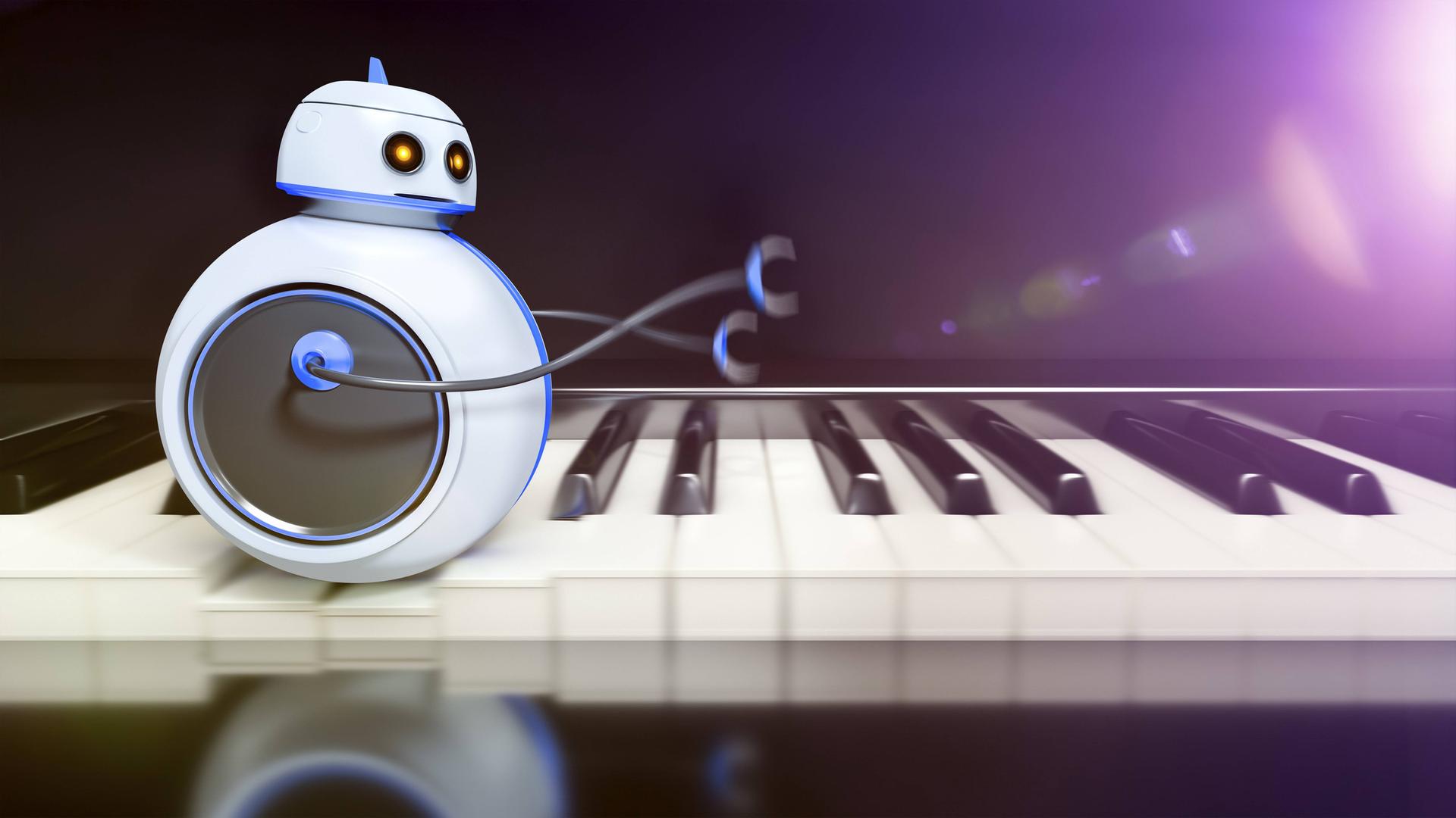 Runder Roboter roll über eine Klaviertastatur (Symbolfoto)