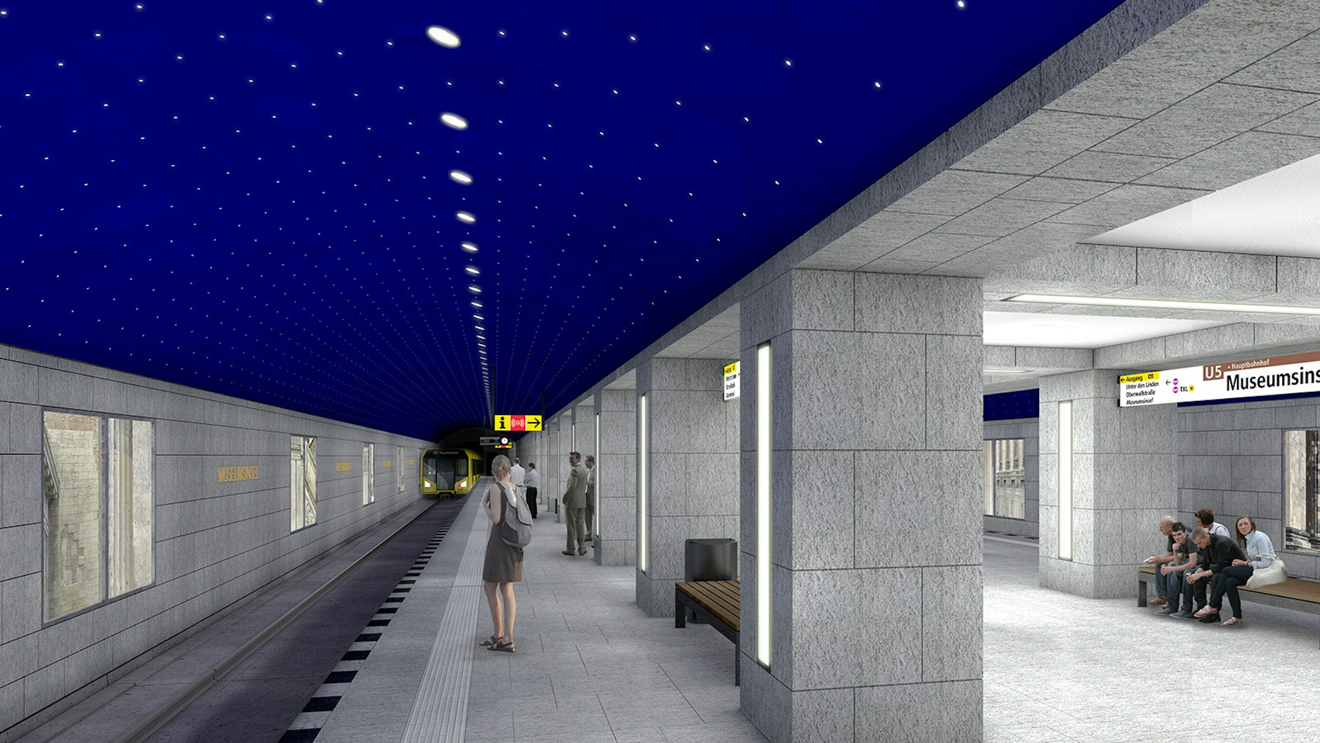 So soll der U-Bahnhof Museumsinsel aussehen - eine Simulation des Architekten Max Dudler. Ab Mitte 2021 werden dort Züge halten.