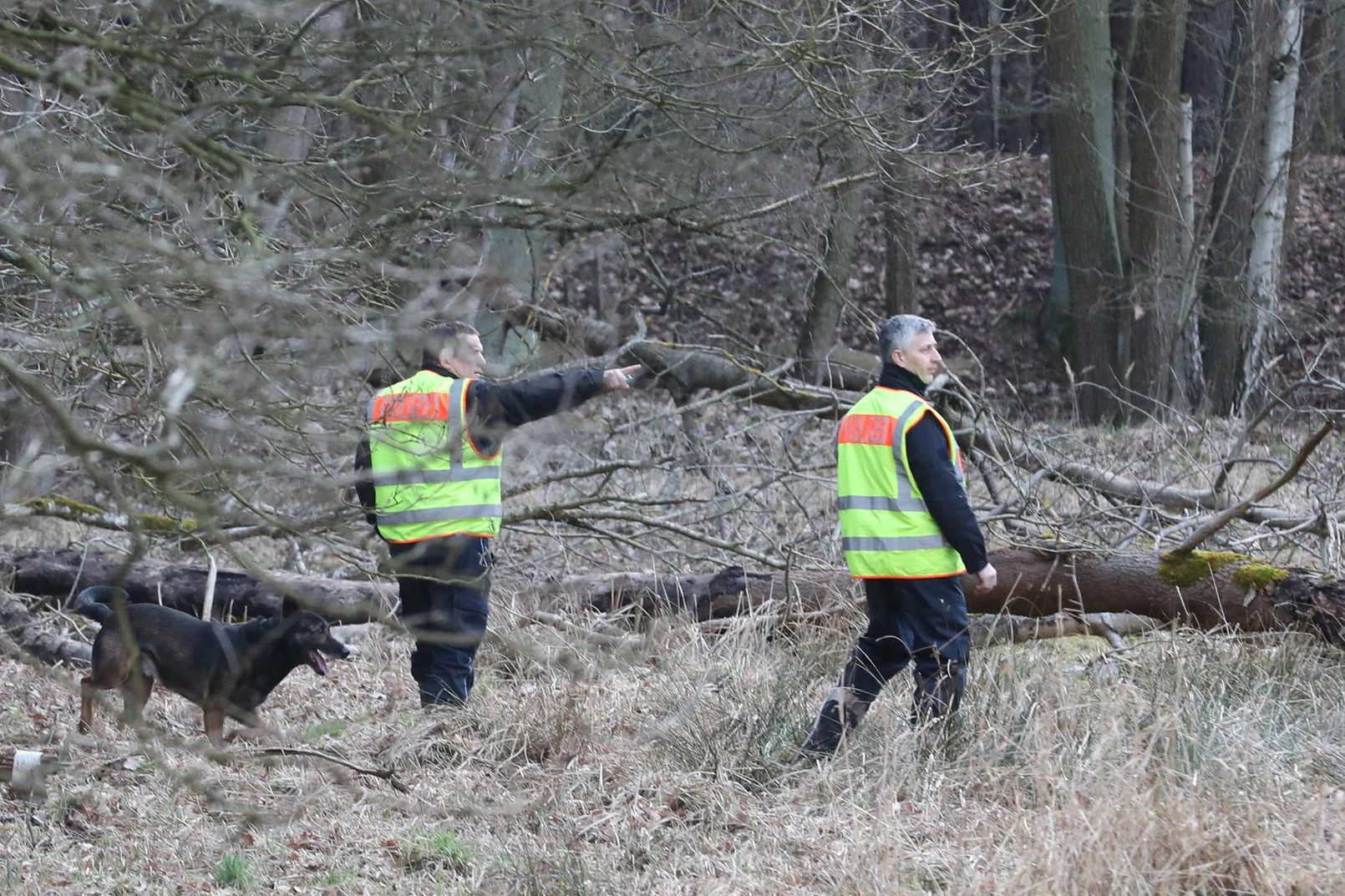 Einsatzkräfte mit ihrem Spürhund bei der Suche nach Rebecca.