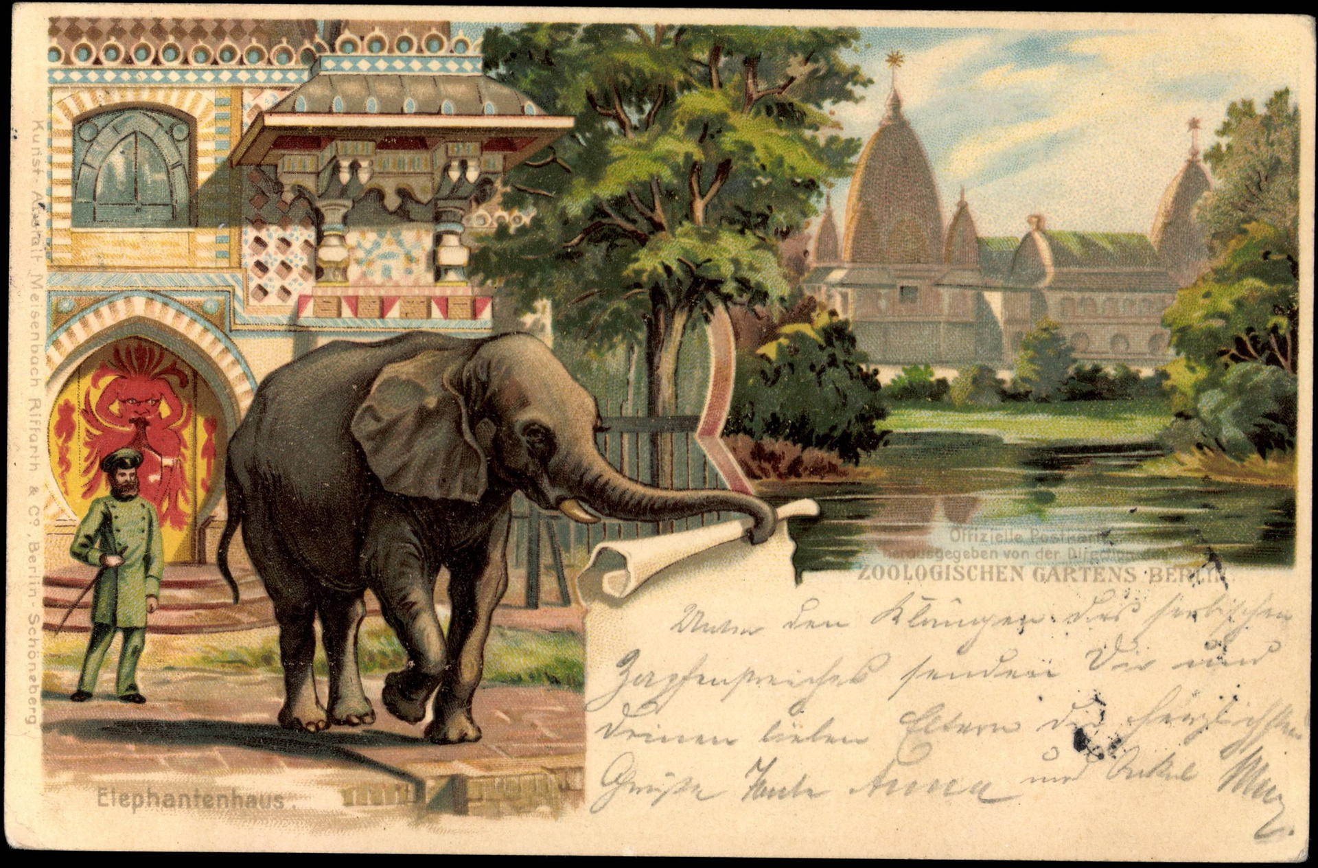 Mit lieben Grüßen aus dem Zoo: eine Karte von 1899 mit Elefant und dem damaligen Elefantenhaus. I