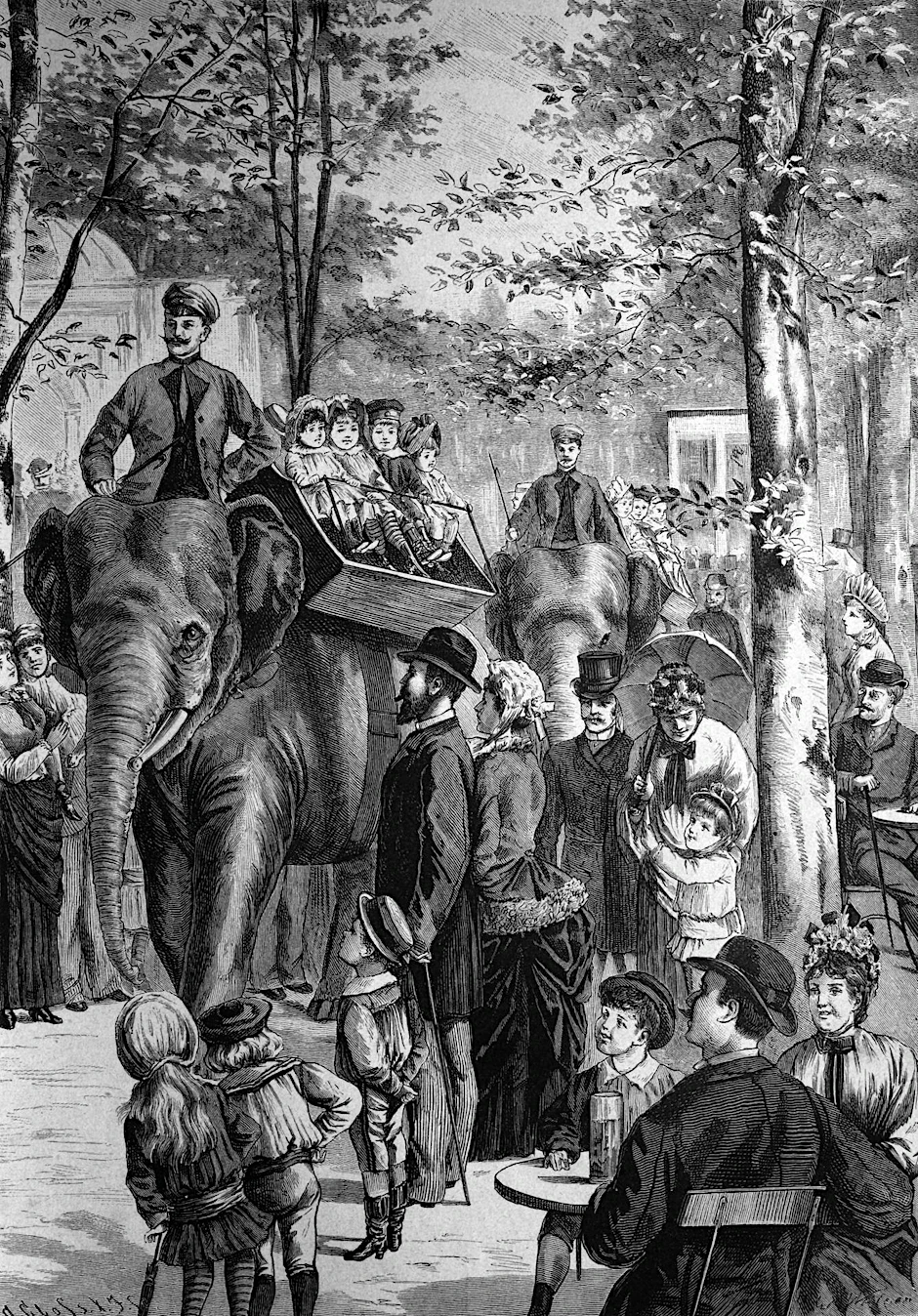 Eine Darstellung von 1869: Kinder reiten auf Elefanten durch den Zoo.
