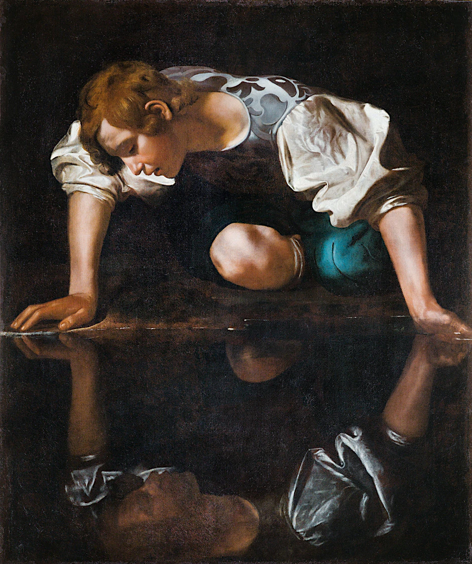 Sein Mythos der verhängnisvollen Selbstverliebtheit prägte die Malerei wie die Literaturvon Ovid bis Lacan, Freud und Hermann Hesse: „Caravaggios „Narziss“, in magischem Hell-Dunkel gemalt 1597-1599.   