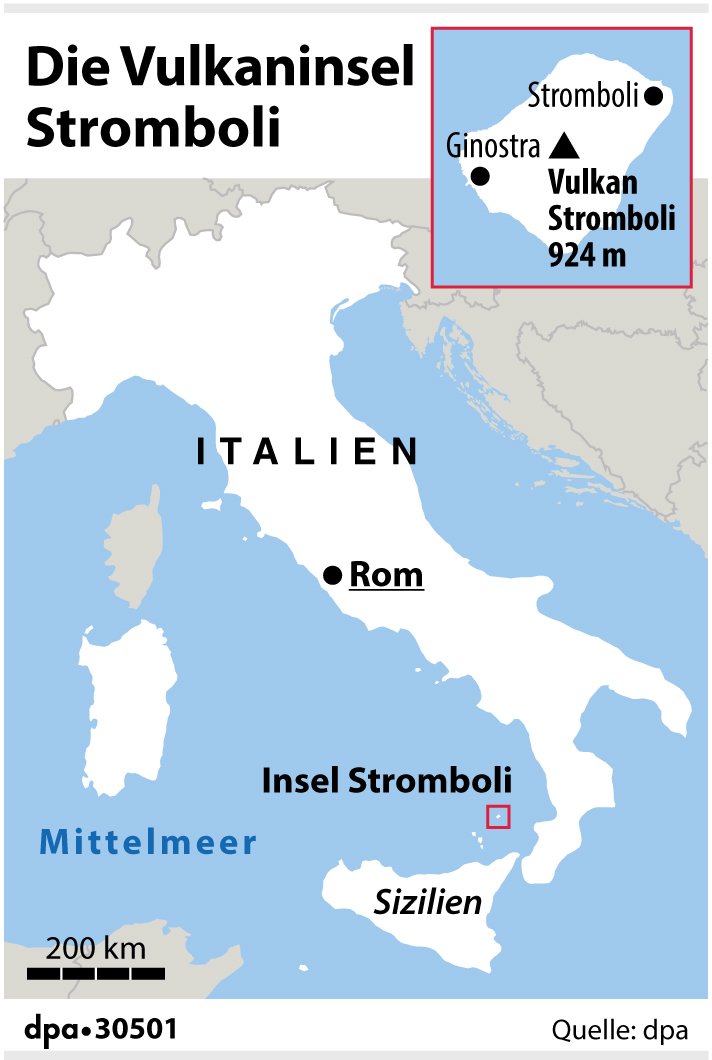 Die Lage des Vulkans Stromboli im Mittelmeer.