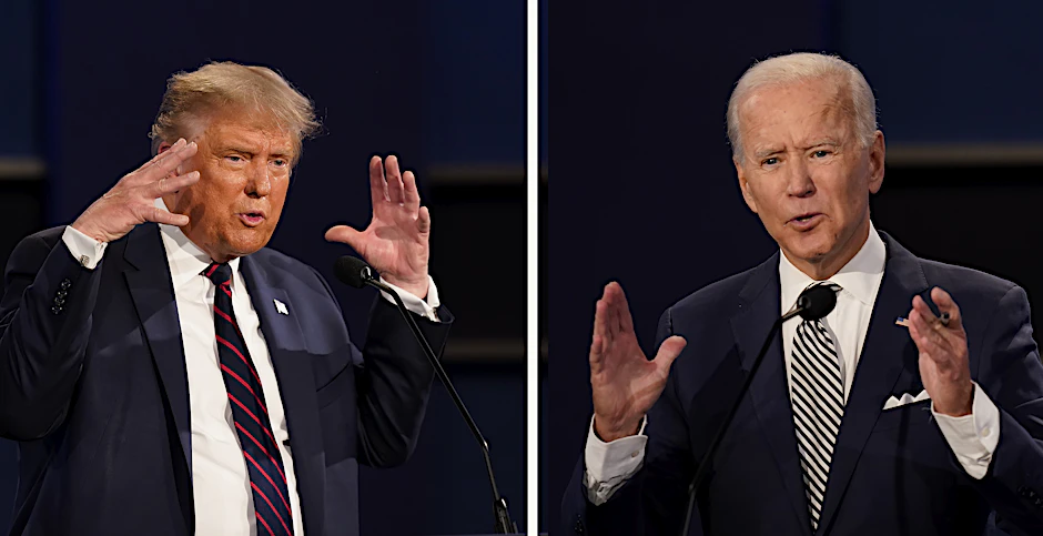 Donald Trump (l), Präsident der USA und Joe Biden (r), Präsidentschaftskandidat der Demokraten, während ihrem letzten TV-Duell.&nbsp;