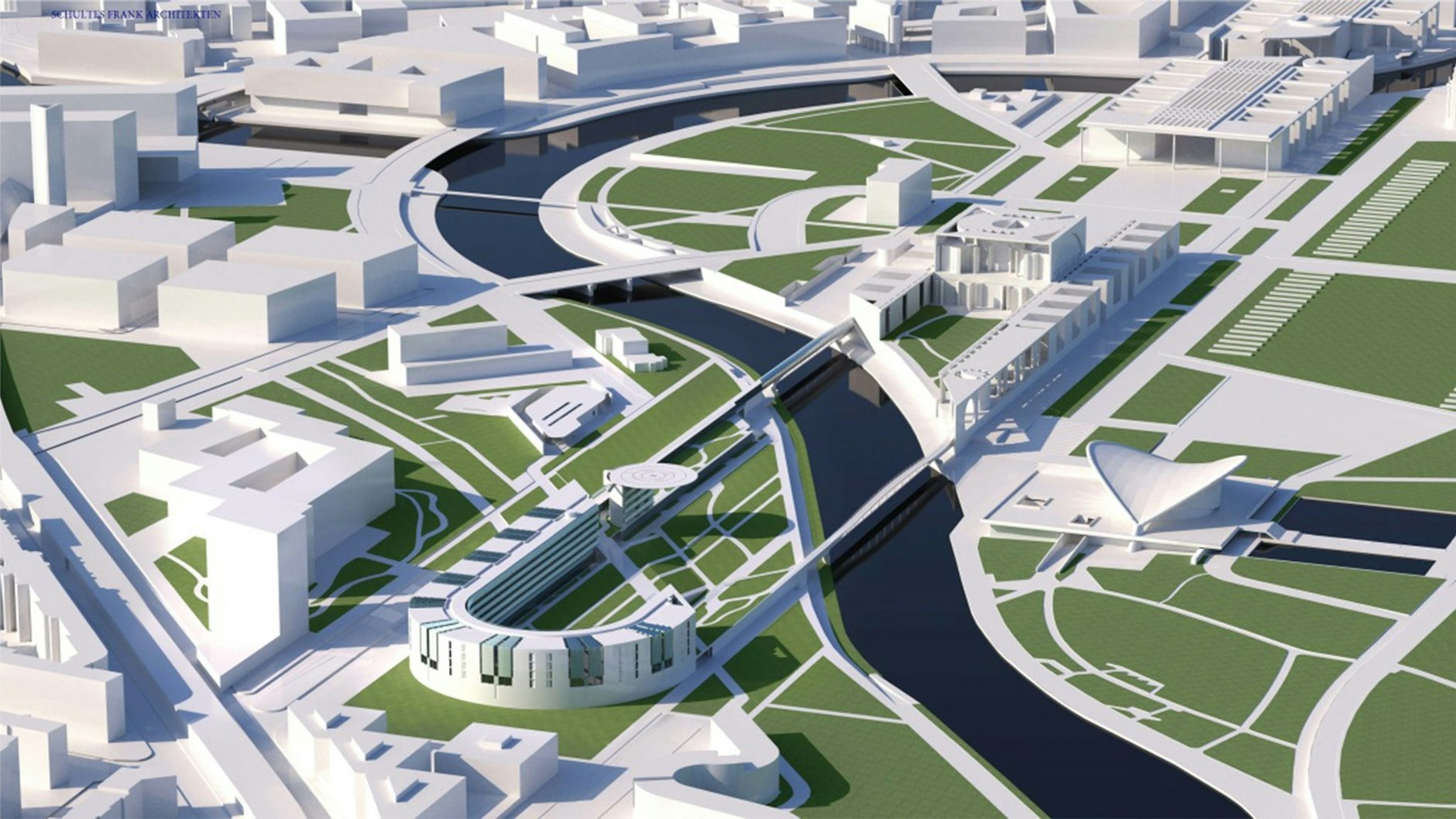 Der geplante Erweiterungsbau des Kanzleramts hat eine bogenähnliche Form. Am Rand soll ein Hubschrauberlandeplatz entstehen.&nbsp;