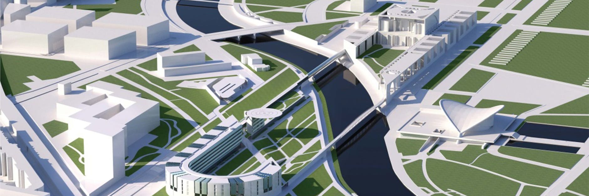 So soll die Erweiterung des Kanzleramts aussehen: ein gebogener Baukörper mit Hubschrauber-Landeplatz und zwei Brücken, der ihn mit dem eigentlichen Kanzleramt verbinden. 