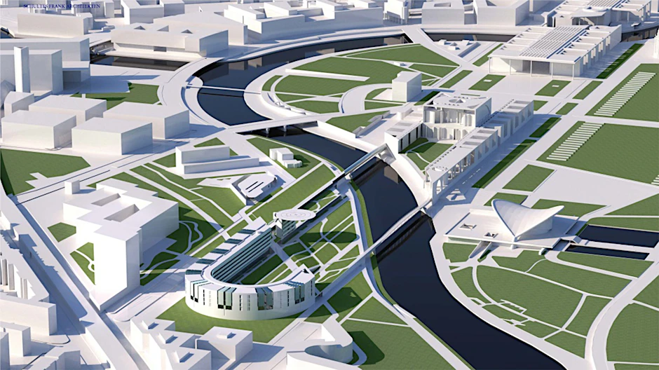 So soll die Erweiterung des Kanzleramts aussehen: ein gebogener Baukörper mit Hubschrauber-Landeplatz und zwei Brücken, der ihn mit dem eigentlichen Kanzleramt verbinden.&nbsp;