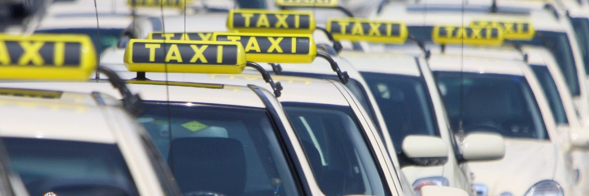 Mehrere Berliner Taxis stehen am Rande einer Demonstration. <br>