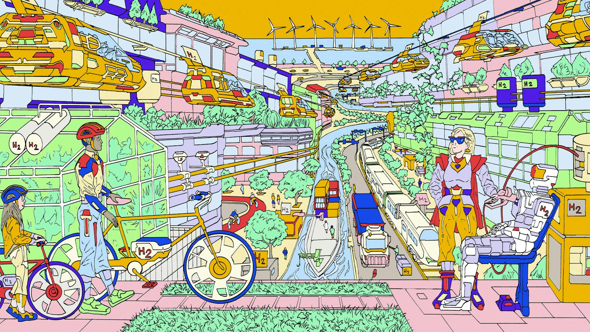 Die Welt von morgen baut auf Wasserstoff. Wie unser Zeichner sich vorstellt, werden ganze Betriebe, Züge, Schiffe, ja sogar Fahrräder über H2 mit Energie versorgt. 