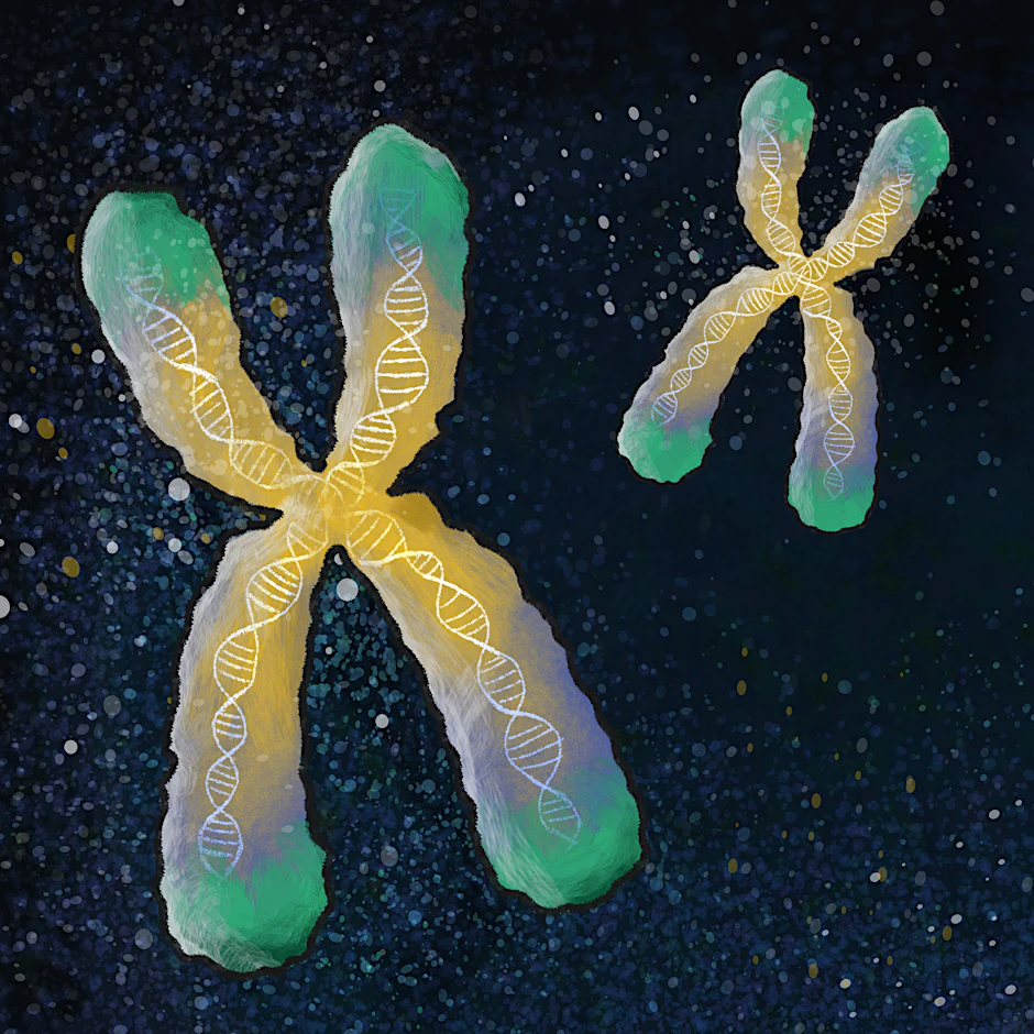Illustration von Chromosomen mit Telomerbereichen (grün). Diese zelluläre Strukturen schützen das genetische Material während der Zellteilung. Sie sind bei Kindern kürzer, deren Mütter in der Schwangerschaft gestresst waren.
