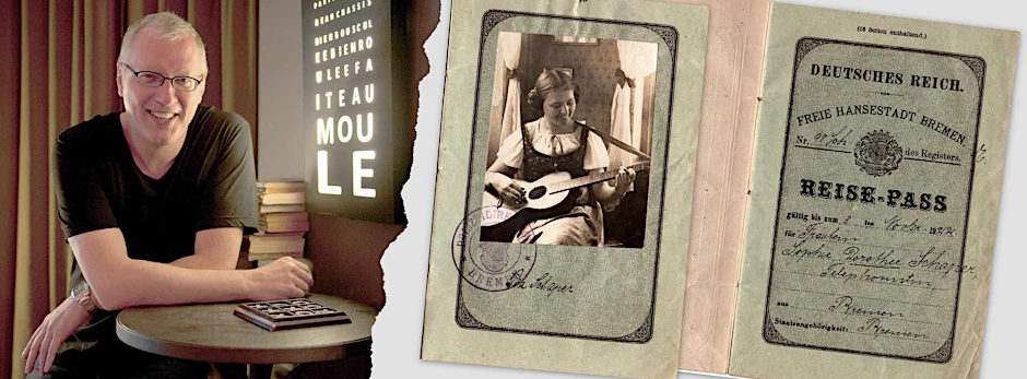 Tom Topol sammelt alte Reisepässe. Rechts:&nbsp;Der Pass der Hansestadt Bremen von 1920 gehörte einer  Telefonistin, das Foto zeigt sie mit Gitarre.