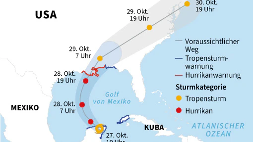 Hurrikan Zeta zieht über die mexikanische Halbinsel: Karte mit voraussichtlichem Weg.&nbsp;