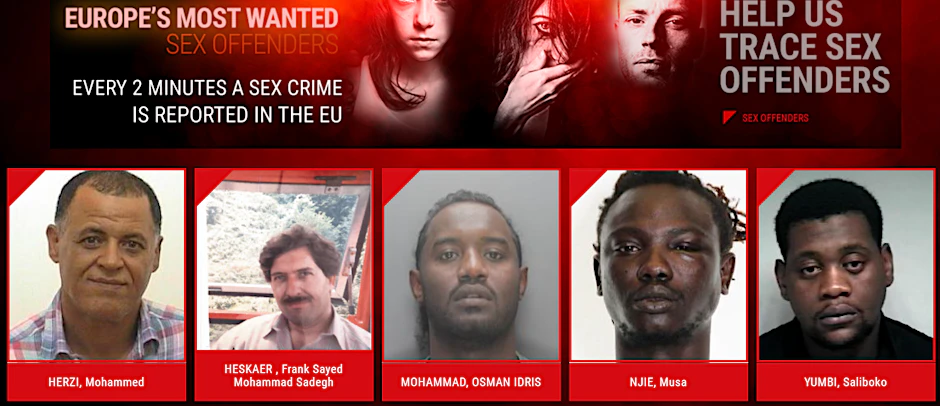Der Screenshot der Webseite von Europol, "eumostwanted.eu", zeigt einige der gefährlichsten Sexualstraftäter Europas.
