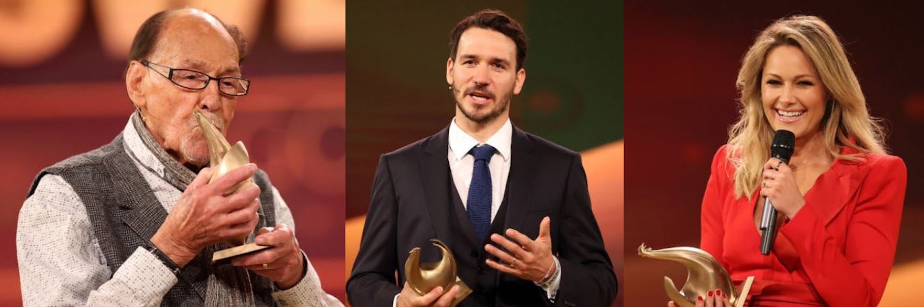 Herbert Köfer, Felix Neureuther und Helene Fischer mit Henne. 