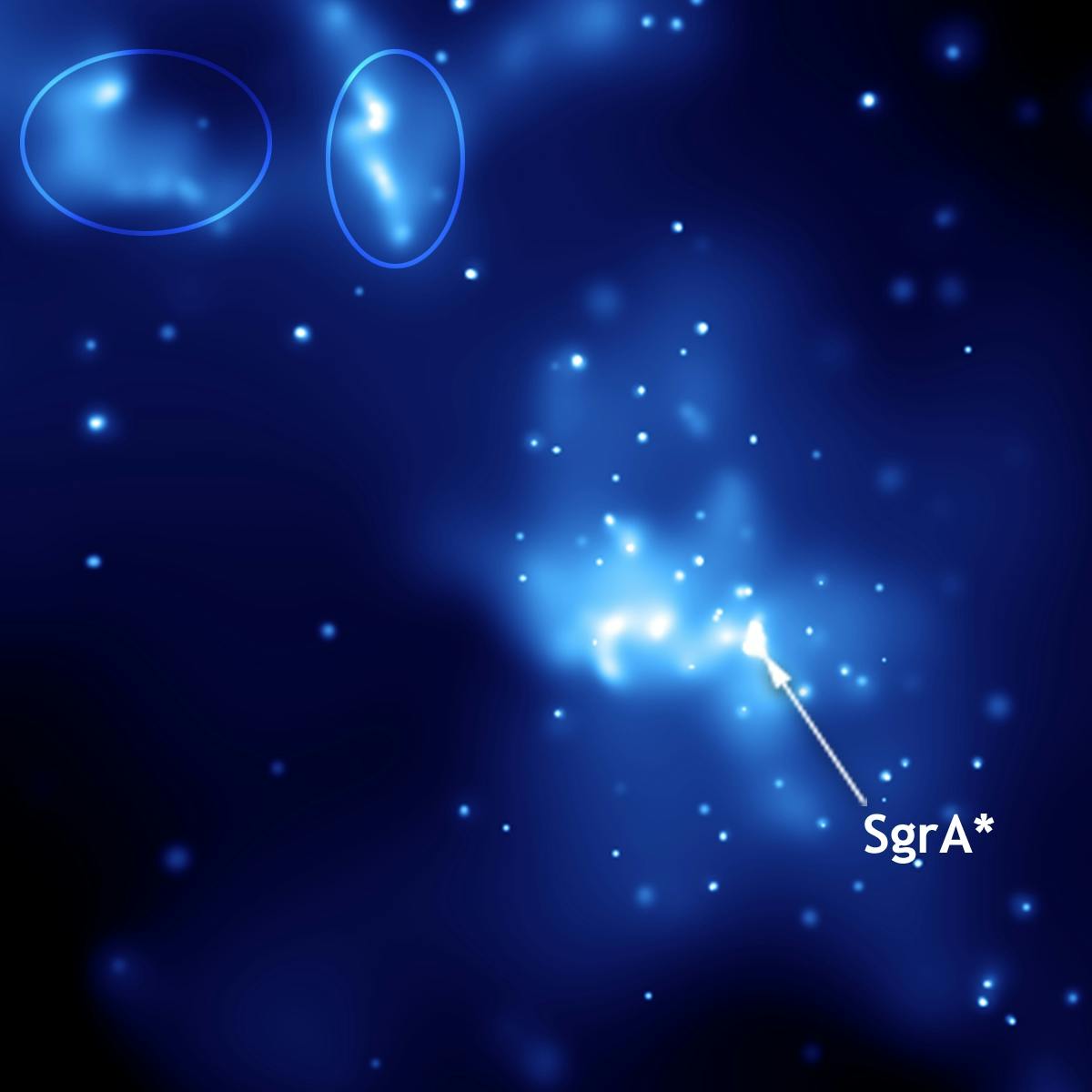 Röntgenbild von Sagittarius A* im Zentrum unserer Milchstraße und zwei <a href="https://de.wikipedia.org/wiki/Lichtecho">Lichtechos</a> (markiert) einer früheren Explosion.