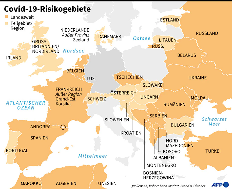 Karte mit Risikogebieten des Robert-Koch-Instituts in Europa. - AFP / AFP