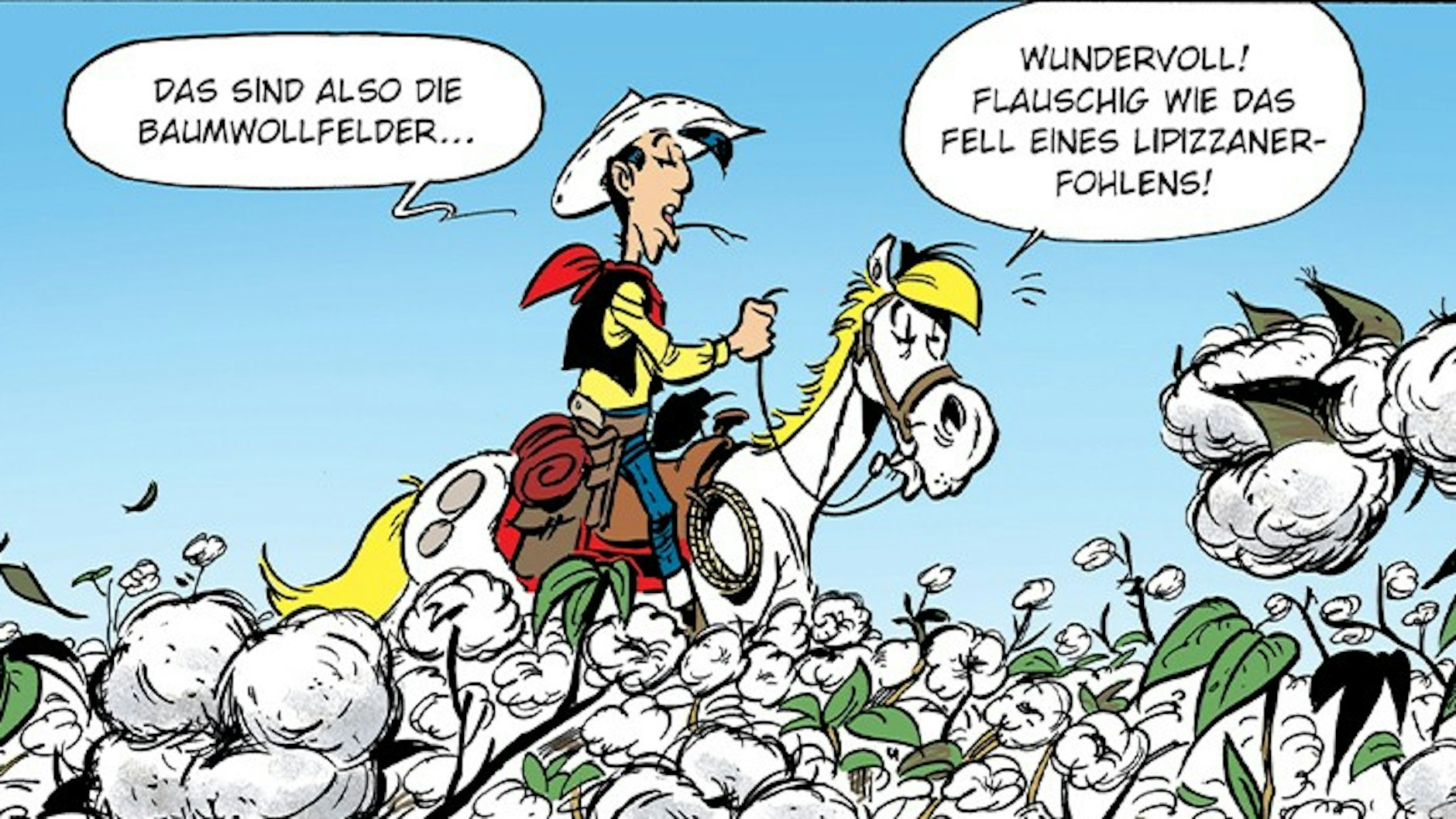 Lucky Luke tritt seine Erbschaft im südlichen Louisiana an: ein Baumwollfeld.