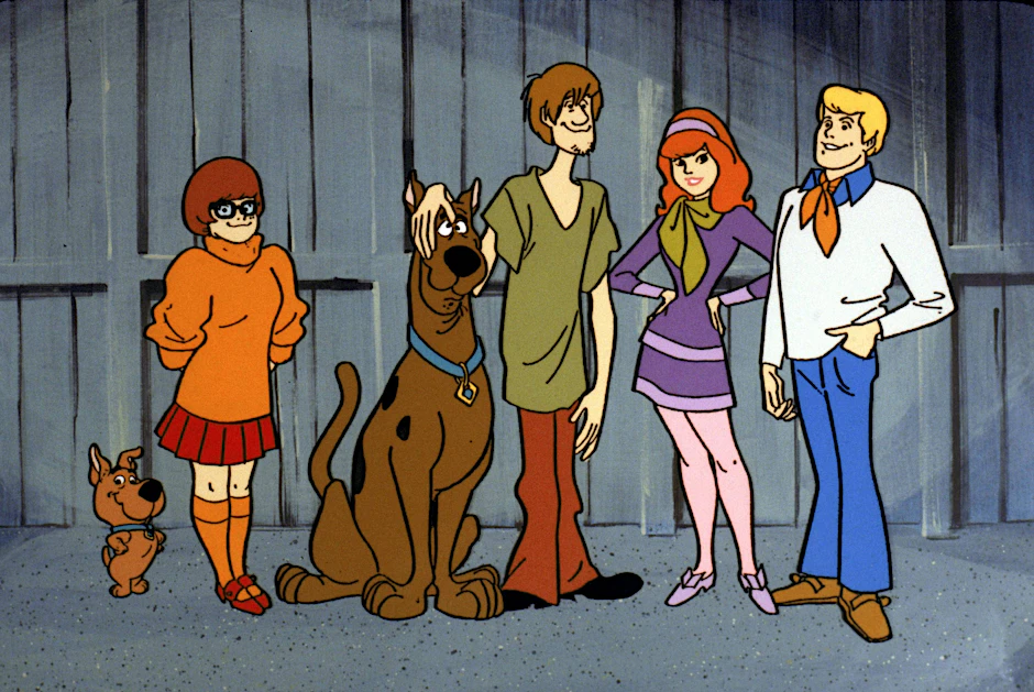 Das Team der amerikanischen Zeichentrickserie&nbsp;„Scooby-Doo“: Velma Dinkley, Scooby-Doo, Norville „Shaggy“ Rogers, Daphne Blake und Fred Jones (v. l. n. r.).