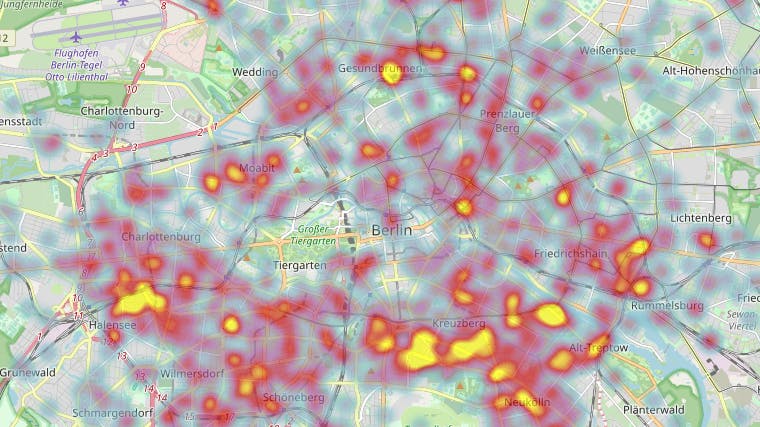 Die Karte der Berliner Polizei zeigt die Hotspots der Fahrraddiebstähle.