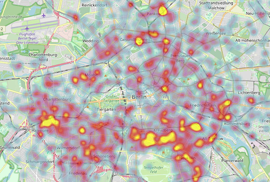 Die Karte der Berliner Polizei zeigt die Hotspots der Fahrraddiebstähle.