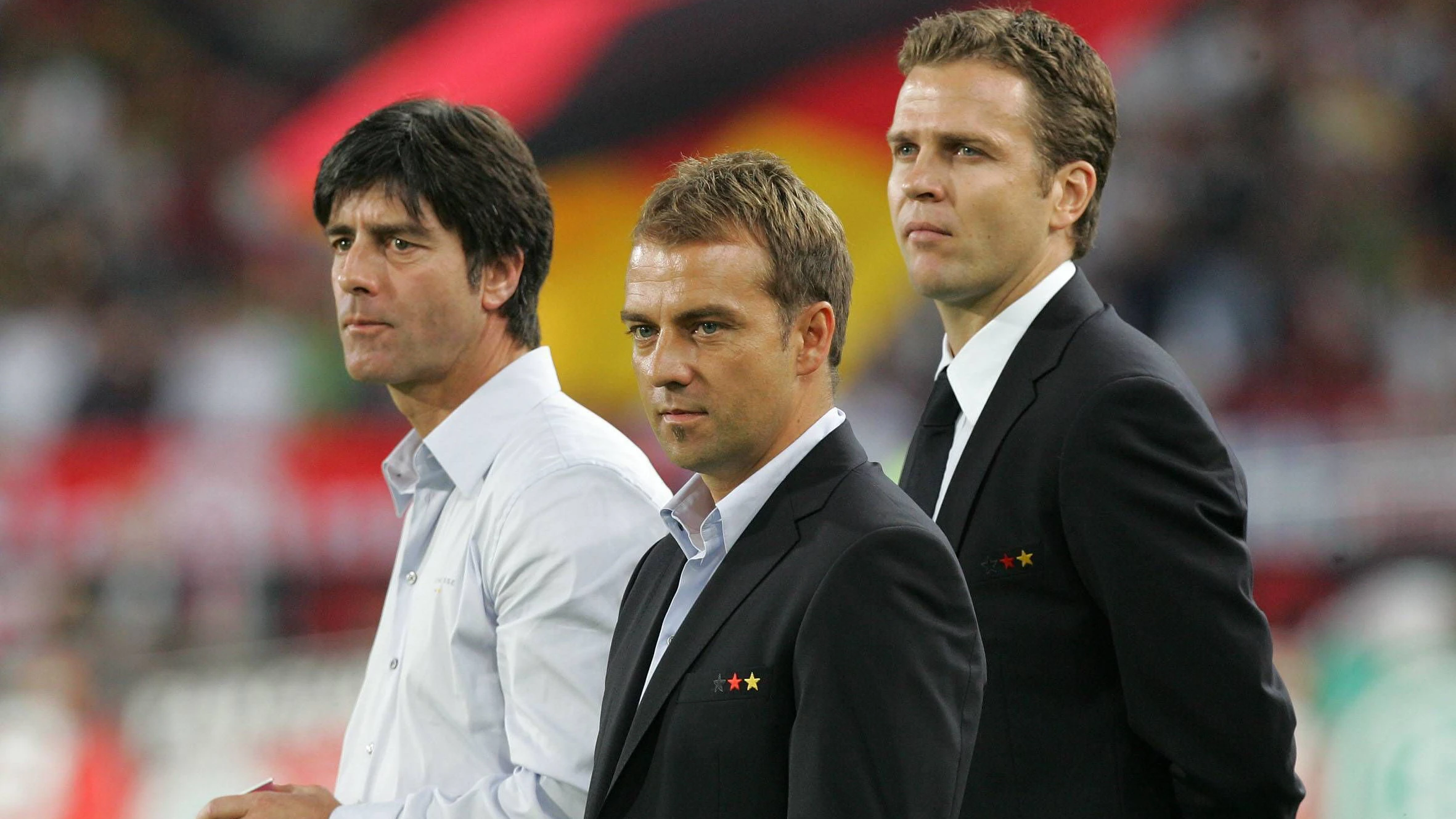 Bundestrainer Joachim Löw, der damalige Co Trainer Hans Dieter Flick und Teammanager Oliver Bierhoff.&nbsp;