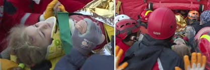 Helfer bringen das Kind in ein Krankenzelt.