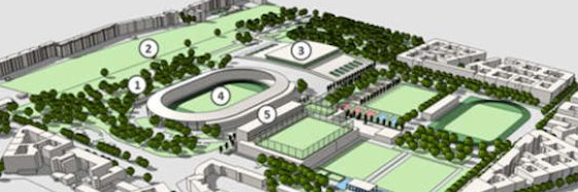 So soll die favorisierte Jahnsportpark-Umgestaltung aussehen. Die Stadion-Darstellung ist nur ein Symbol (4). Zu sehen sind ein neuer Bürokomplex (5), Mauerpark (2), Hinterlandmauer (1) und die Max-Schmeling-Halle (3). Quelle: machbarkeitsstudie/Drees &amp; Sommer<br><br>